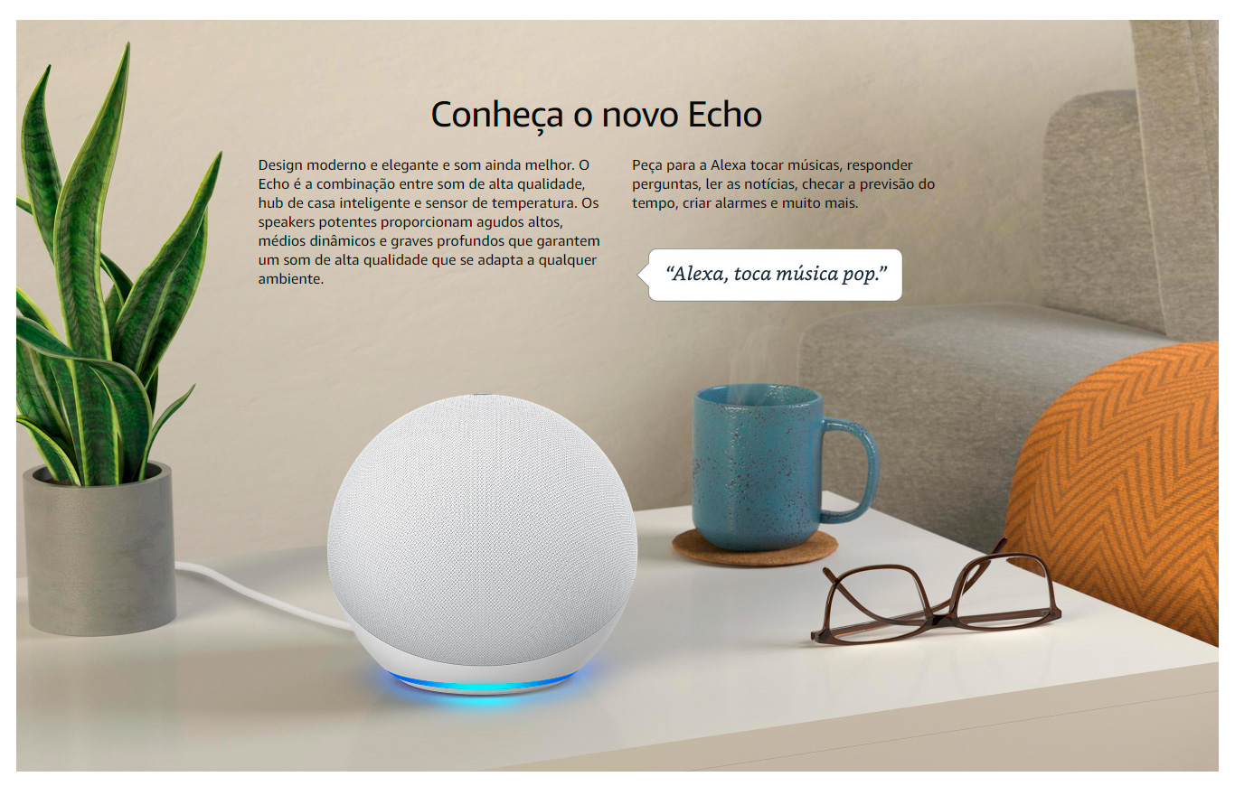  Kit com Amazon Echo 4ª Geração Com Som Premium, Hub de Casa Inteligente e Alexa+Lâmpada LED Inteligente Wi-Fi Goldentec